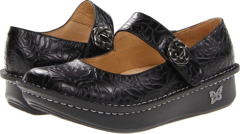 Alegria Paloma Black Embossed Rose Leather Platform Mary Jane Shoes Fall 35